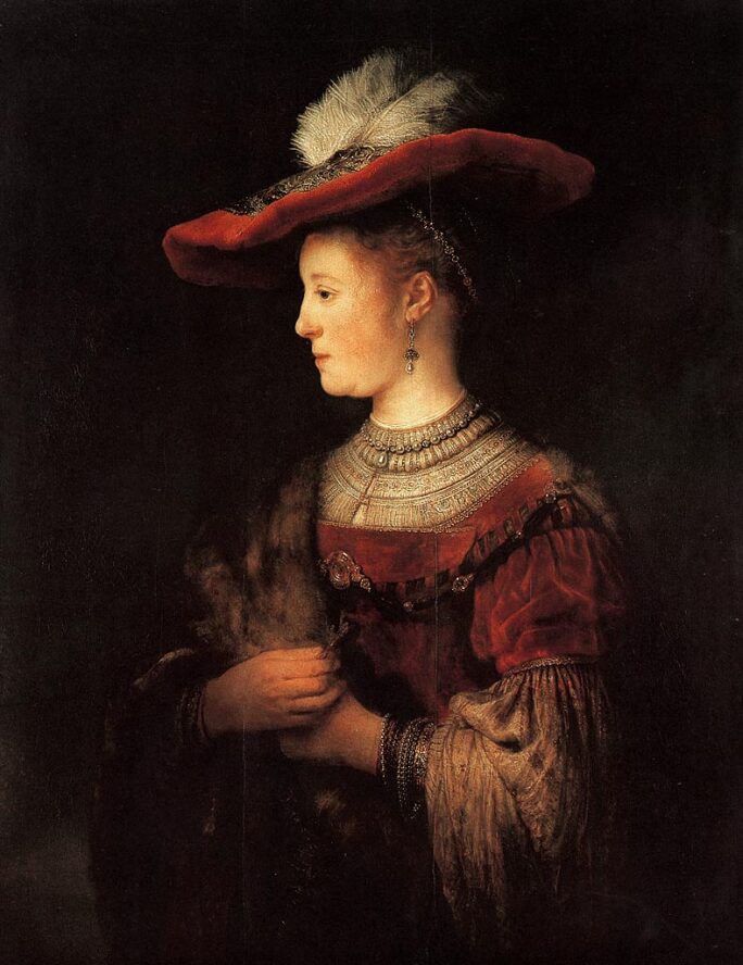 Rembrandt painting for his wife Saskia, shown in profile in sumptuous red dress and cap, jewels and a fur stole.