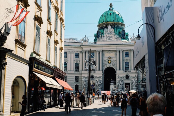 Hofsburg Palace in Vienna with Austrian Flags.