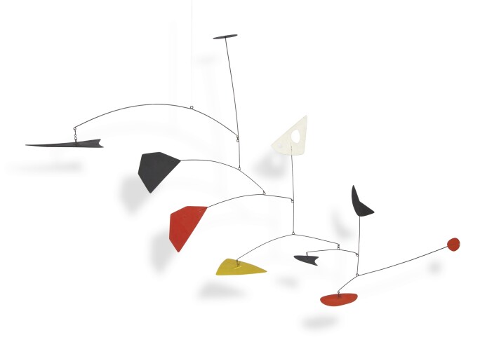 An Alexander Calder mobile in red, black, yellow and white.