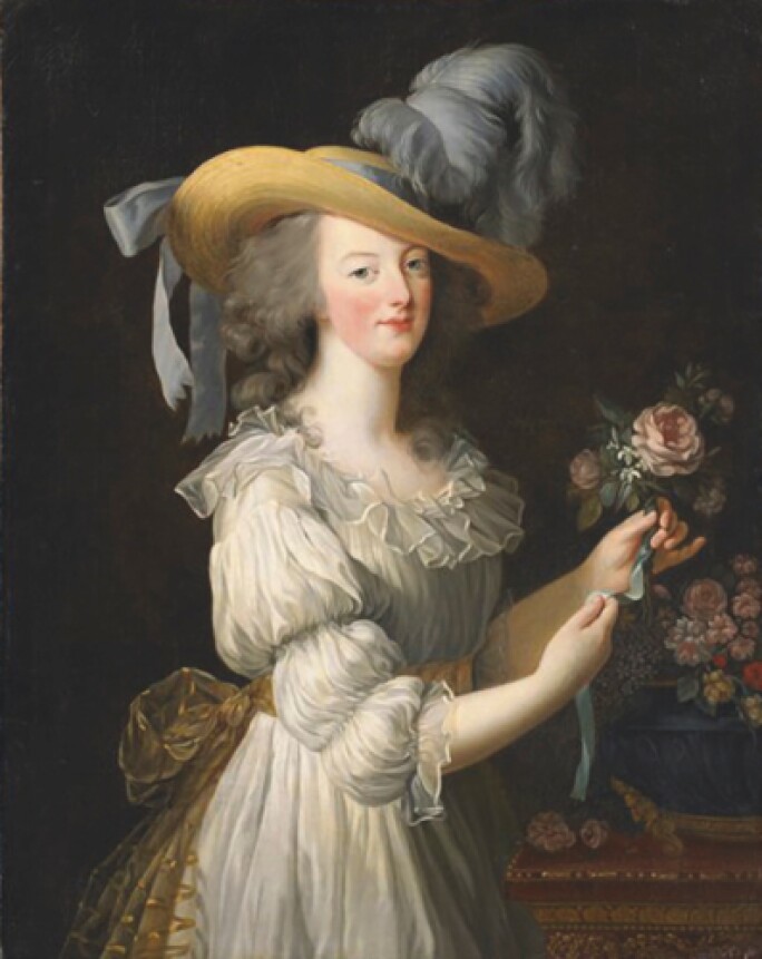 Painting of Marie Antoinette in white muslin and a straw hat with a feather.