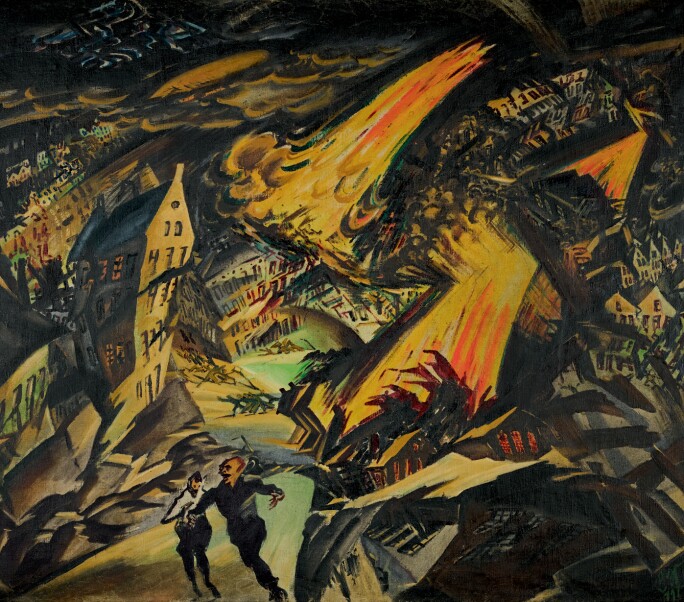 A fractured and fiery cityscape with two figures fleeing in the foreground.