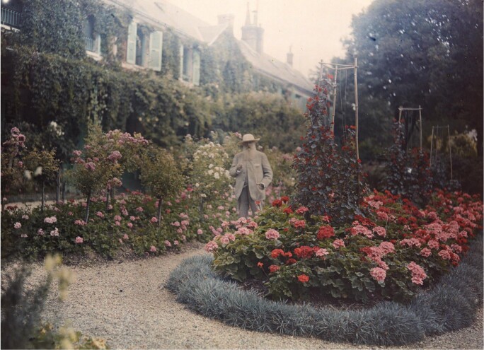 A colored photograph of Monet standing in his lush garden at Giverny with roses abounding.