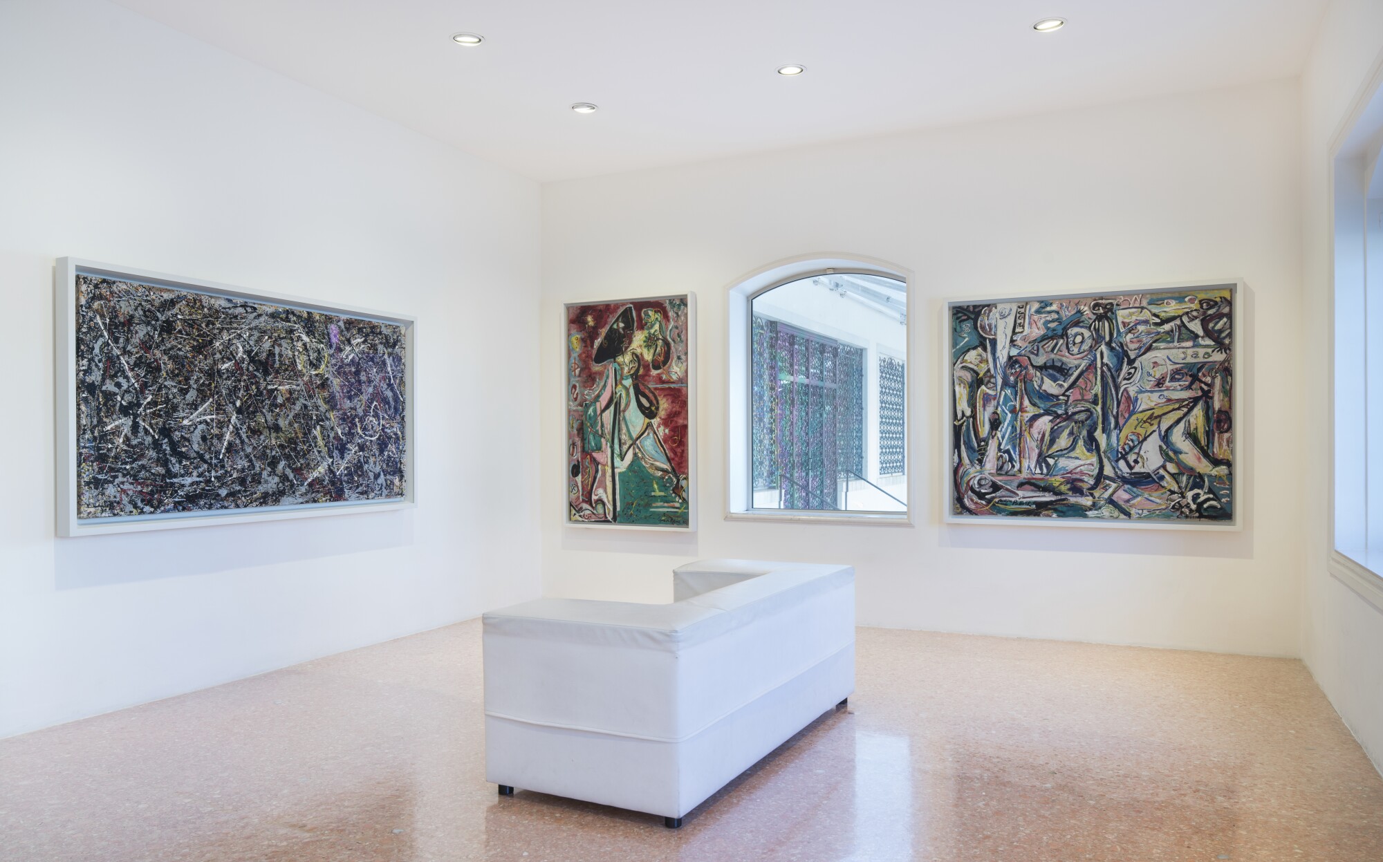 Installation shots of works by Jackson Pollock, in the Peggy Guggenheim Collection