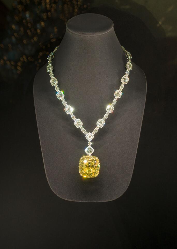 Tiffany Yellow Diamond. Mounted in a necklace of white diamonds. On display at the Fifth Avenue store. Tiffany's, New York City