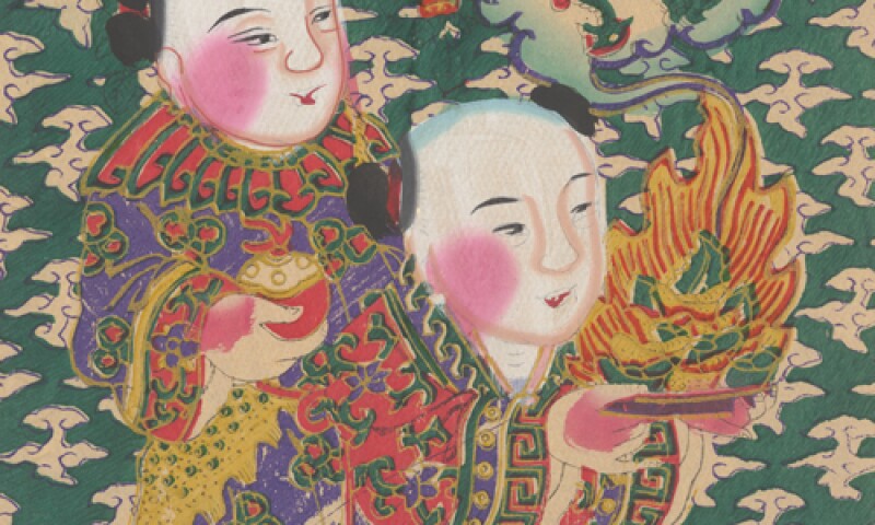 Two boys promised wealth, workshop in North China, around 1940, woodblock print