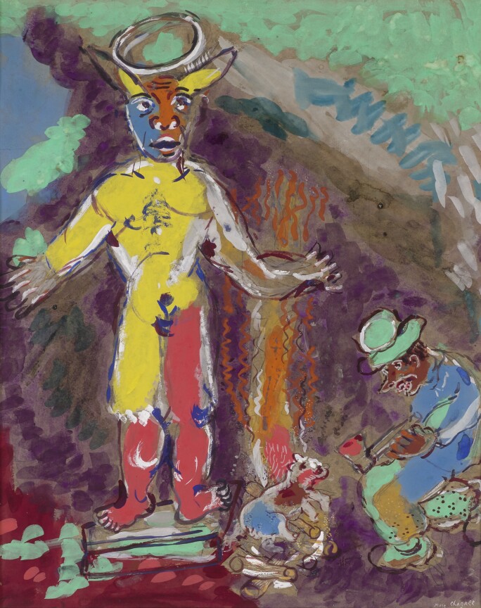Lot 260, Marc Chagall, L’Homme et l’idole de bois (Fables de La Fontaine), gouache, brush and ink, crayon and pencil on paper, circa 1927, Impressionist & Modern Art Day Sale November 13th, 2018, estimate $ 350,000-450,000.jpg