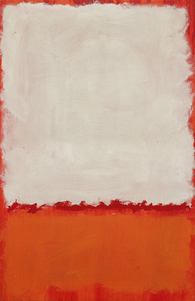 Mark Rothko painting with a white square hovering on a field of red and and foreground of orange.