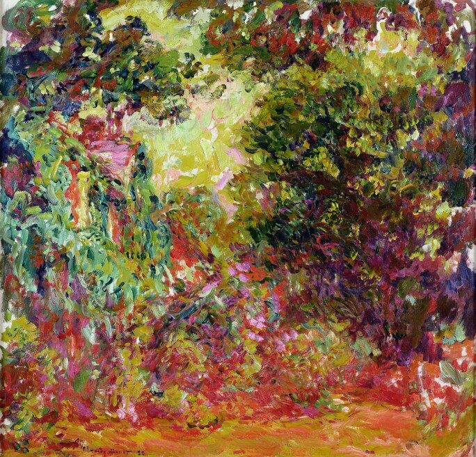 A painting of Monet's garden at Giverny with a rose garden in a bold palette of greens, reds and purples.