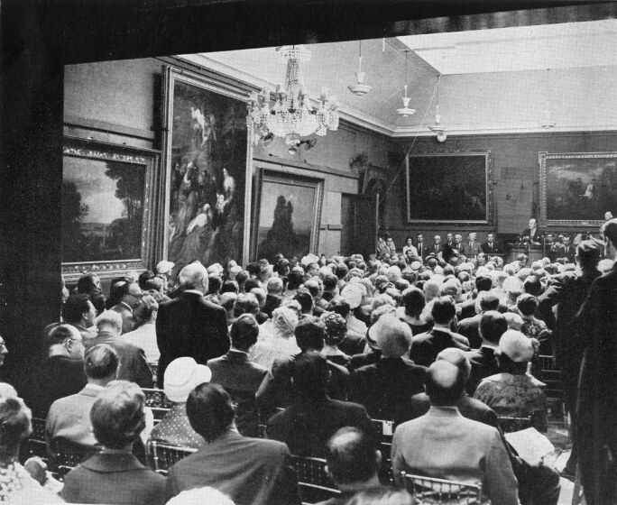 Sotheby's Main Gallery in London with the Westminster Rubens selling for £275,000, then the highest price paid for a picture at auction, 24 June 1959.jpg