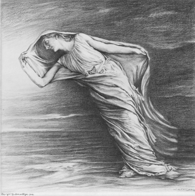 Drawing of a woman as Dawn leaning into the wind.