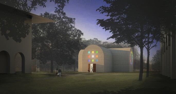A RENDERING OF THE EXTERIOR OF AUSTIN. COURTESY BLANTON MUSEUM OF ART.