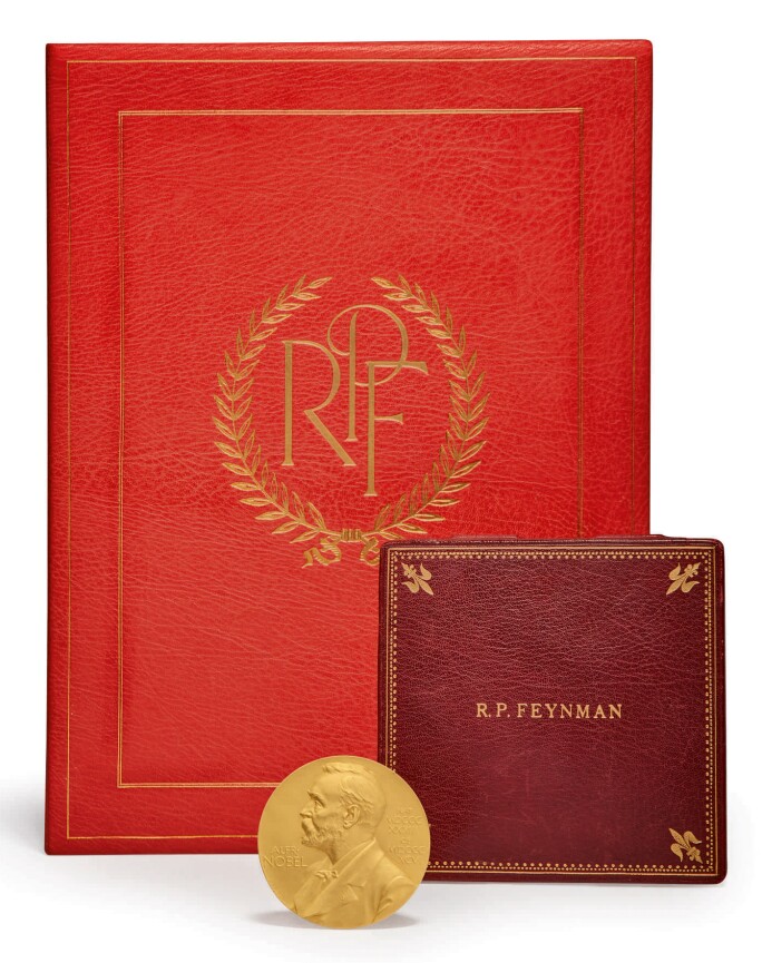 Richard Feynman's Nobel Prize displayed in front of its case