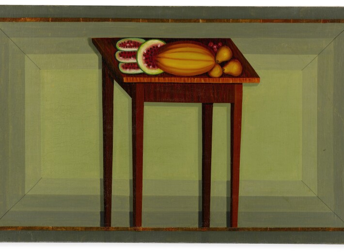 Painted fireboard in a naive style in an auction selling folk art paintings