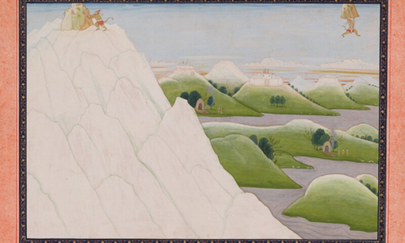 Hanuman Bring's Medicinal Plants, folio 162, from the continuation of the "Guler-Ramayana Series of 1775/1780", Master of the Second Generation to Nainsukh and Manaku by Guler Guler, Pahari Territory, around 1790, Collection Eva and Konrad Seitz, Museum Rietberg Zurich