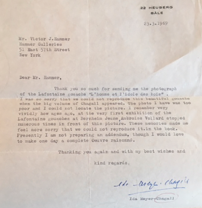 A letter from Ida Chagall discussing Ambroise Vollard's affinity for the present work ©Archives Marc et Ida Chagall, Paris.png