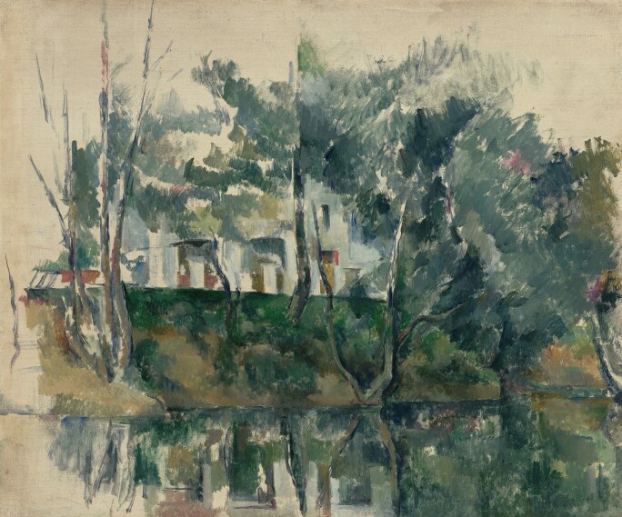 An Impressionistic landscape with showing a river bank lined with trees and a town in the background, which reflect into the water.