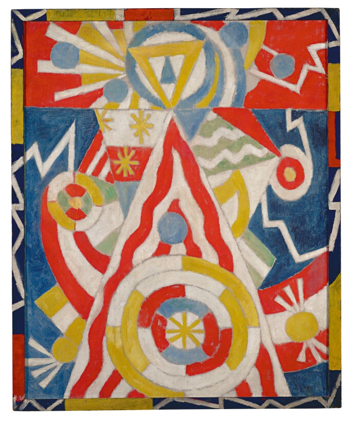 An abstract painting in blue, yellow, red and white with geometric forms