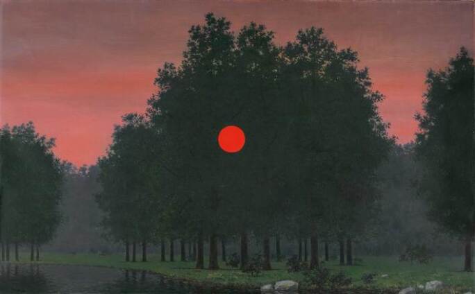 Surrealist image of a sunrise through a copse of trees.