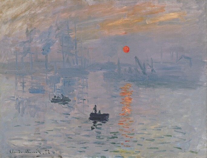 A painting of a harbor at early morning, with impressions of light on the water, a few boats and a red sun.
