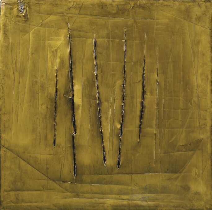 Lucio Fontana, Concetto Spaziale, New York 8, 1962. Lacerations and scratches on brass.