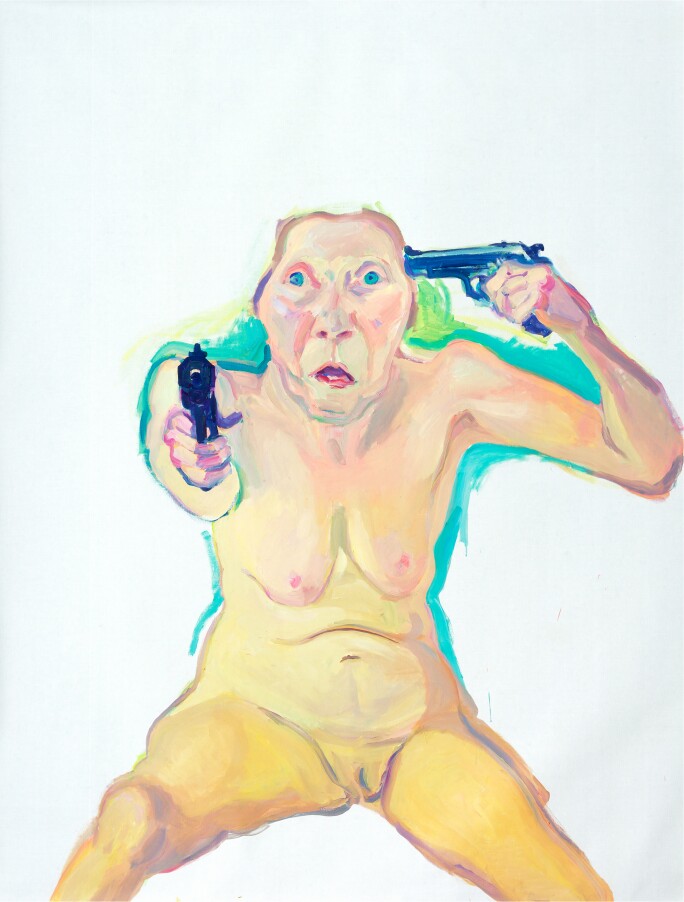 maria lassnig self portrait nude pointing a gun at her head and the viewer