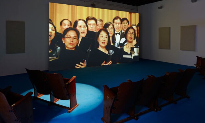 Samson Young, We Are The World As Performed by the Federation of Trade Union Choir, 2017, video, 5:27 mins. Courtesy the artist; Edouard Malingue Gallery, Hong Kong; Galerie Gisela Capitain, Cologne; and Team Gallery, New York. Commissioned by M+, Hong Kong, 2017. Photo: Simon Vogel