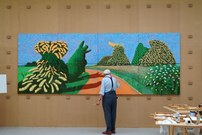 David Hockney painting May Blossom on the Roman Road