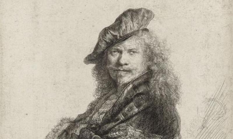Rembrandt van Rijn, Self-Portrait Leaning on a Stone Sill, 1639, Etching, with touches of drypoint, 8.07 x 6.45 in. Bibliothèque Nationale de France. Image courtesy of BnF.