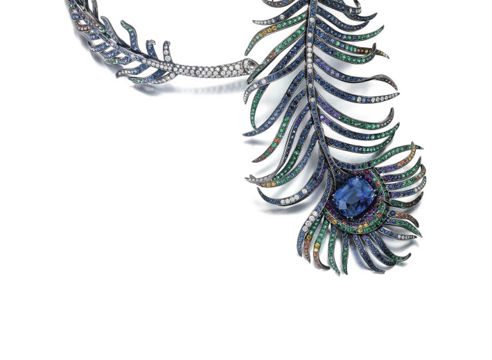 Gem set and diamond necklace,‘Plume de Paon’, Boucheron sapphire weighing 40.88 carats, Ceylon, no heat