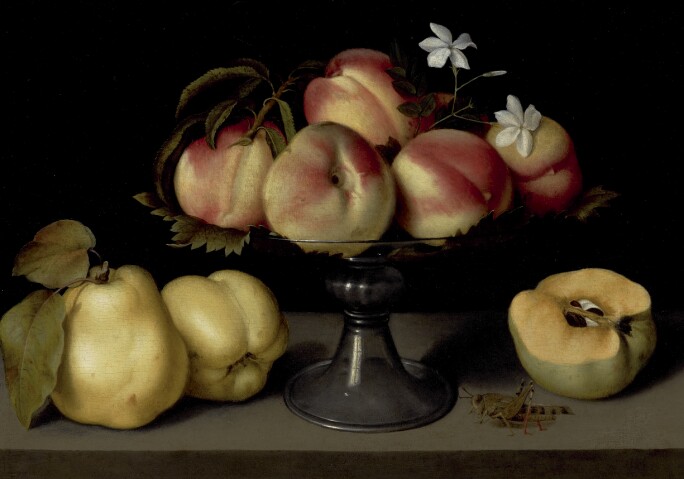 A glass compote with peaches, jasmine flowers, quinces, and a grasshopper.