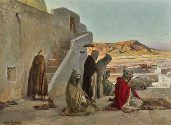 A painting of Muslim men praying by Eugene Girardet in an auction selling orientalist paintings