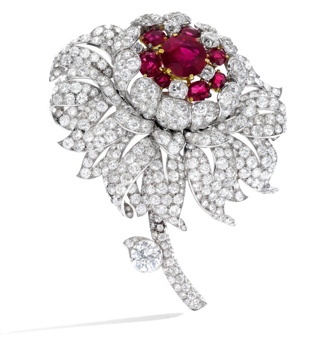 Rare and important ruby and diamond brooch, Cartier, circa 1940. Estimate CHF 400,000-600,000.