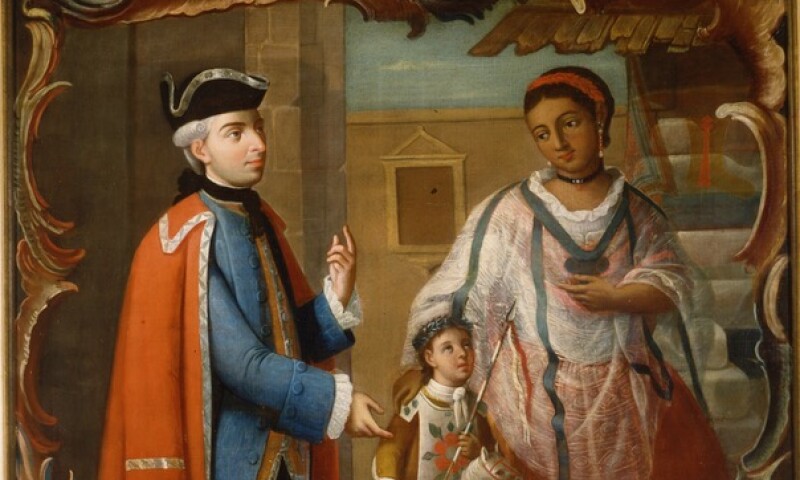 José de Páez (New Spain, 1720 – 1790), Mexican Castes (Castas mexicanas), (15 total), ca. 1780, “1. De Español, e India, produce mestizo”, 18th century, Oil on canvas; 36 x 41 in. (91 x 104.5 cm), Private Collection. Photography by Minerva Morales.