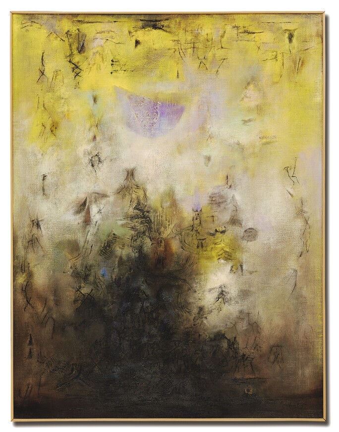 Zao-Wou-Ki abstract painting with dark black, lime green and purple passages.