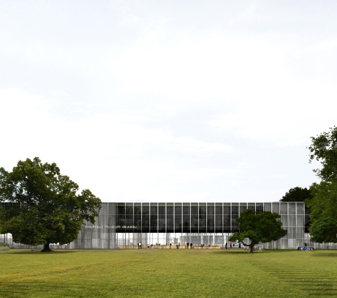 Entwurf Bauhaus Museum Dessau, Ansicht Stadtpark.