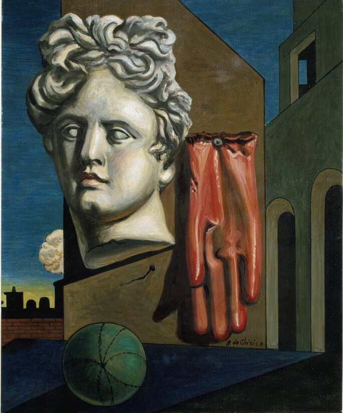 Metaphysical composition with apollo head and rubber glove after “The song of love” or “Love Song”. Painting by Giorgio de Chirico (1888-1978) Around 1950 Sun. 60x50 cm Florence, Galleria d\'Arte Moderna