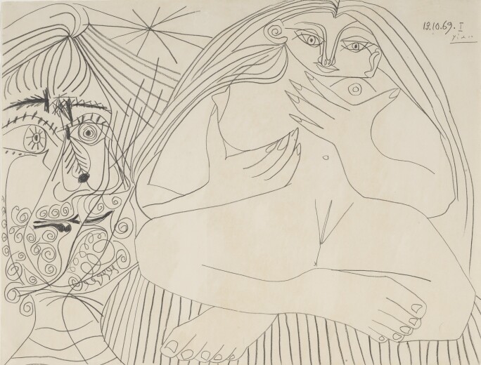 Lot 200, Pablo Picasso, Nu assis et tête, pencil on paper, 1969, Impressionist & Modern Art Day Sale November 13th, 2018, estimate $ 500,000-700,000.jpg