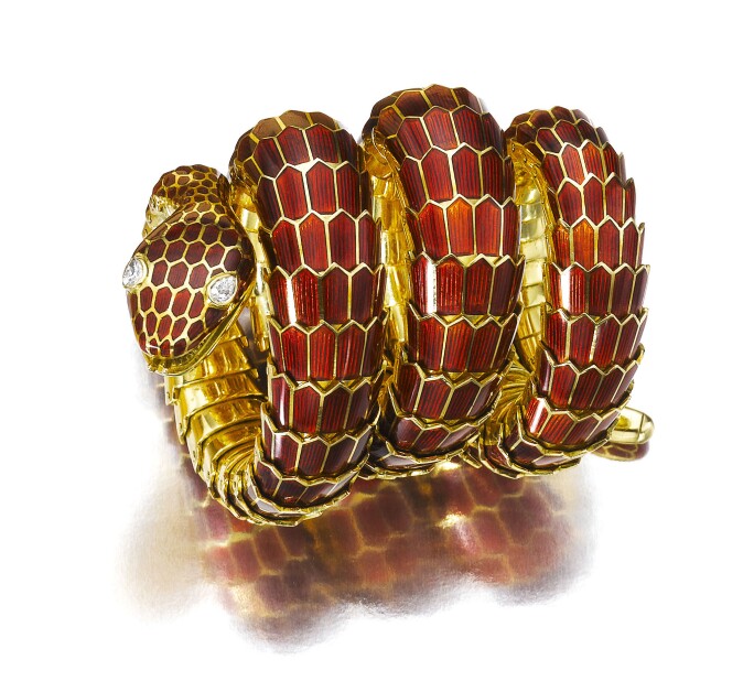 Gold, enamel and diamond bracelet, Bulgari, 1960s. Estimate CHF 80,000-120,000.