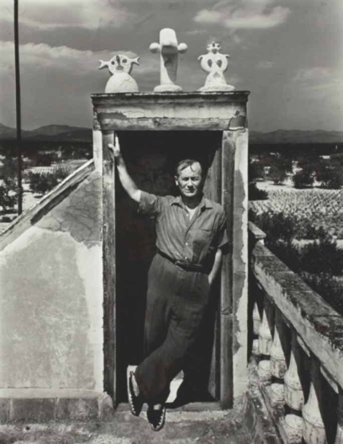 Joan Miró on his studio roof, Montroig, Spain in 1948, photograph by Irving Penn © 2018 Successió Miró : Artists Rights Society (ARS), New York : ADAGP, Paris.png