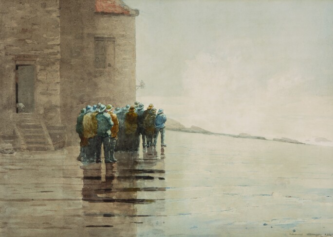 A grew of men in seafaring clothing gathered on the coastline.