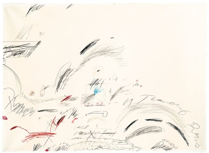 A drawing of child-like marks and scribbles in graphite and wax crayon on white paper.