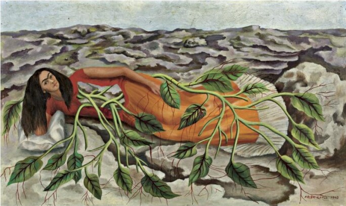 Frida Khalo on the ground in a red dress connected to the earth by vines.