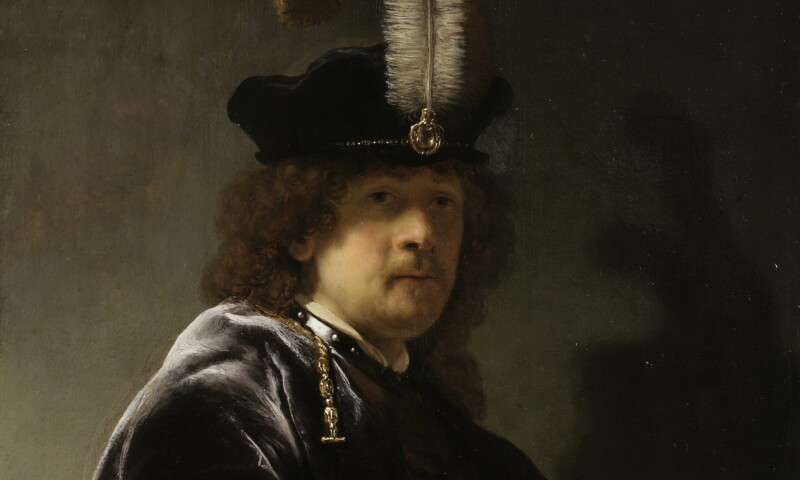 SELF PORTRAIT WEARING A WHITE FEATHERED BONNET by Rembrandt van Rijn.