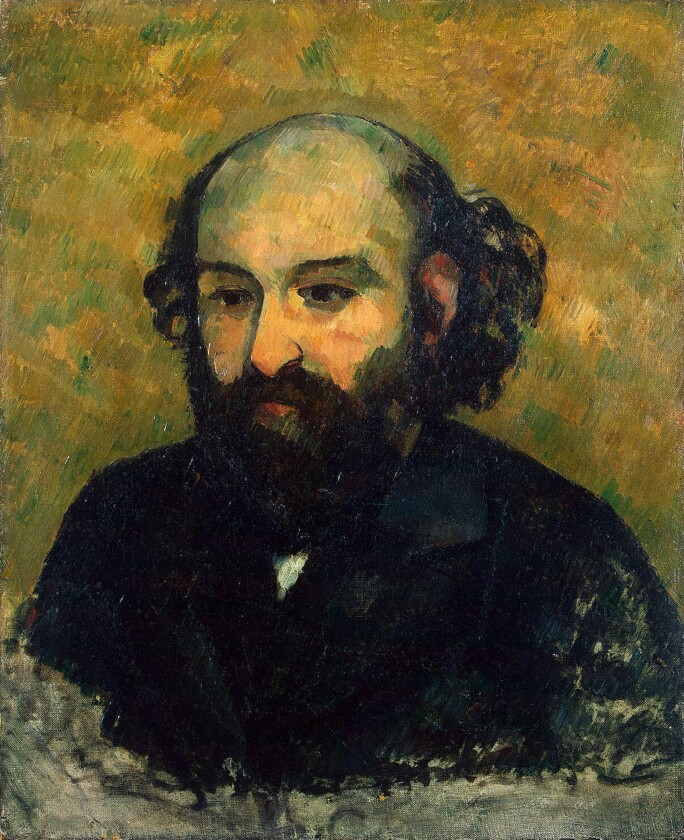 a 3/4 length self portrait of the artist cezanne with a bald head and dark blue or black suit jackets on a yellow green background