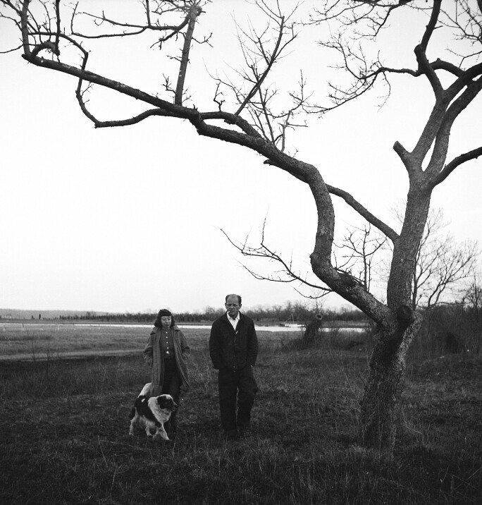 Jason Pollock and Lee Krasner walking outside on Long Island with their dog.