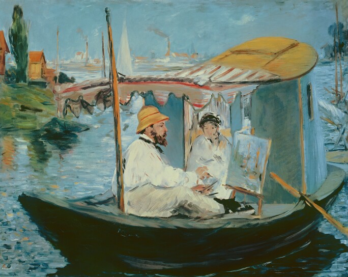 A painting of Monet in his painting studio on his boat with a model and canvas.
