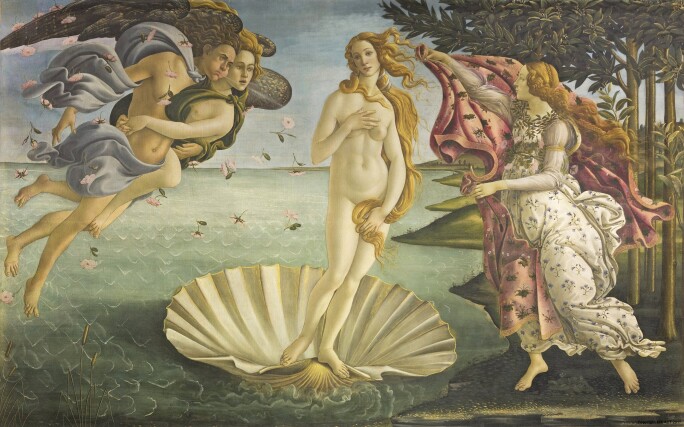 A figure of Venus nude standing on a clamshell in the ocean with mythical figures on either side.