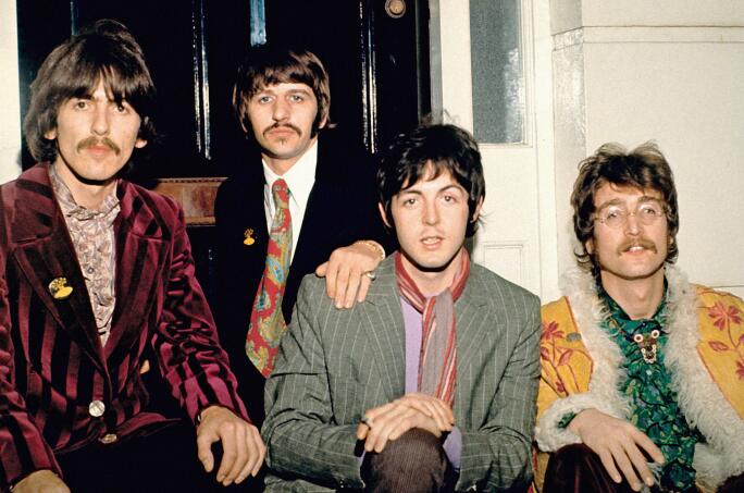 Publicity photo of The Beatles (George Harrison, Ringo Starr, Paul McCartney and John Lennon) at Abbey Road Studios