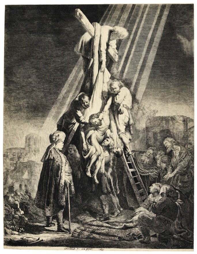 Black and white etching of Jesus being taken down from the cross.