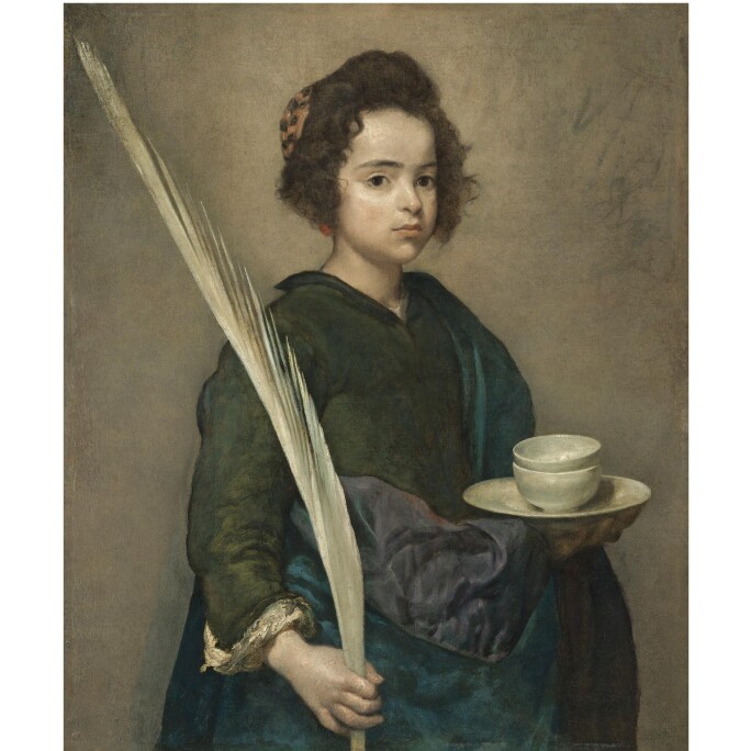 Painting of Saint Rufina, a child holding a plume in one hand and a plate with two bowls on top.